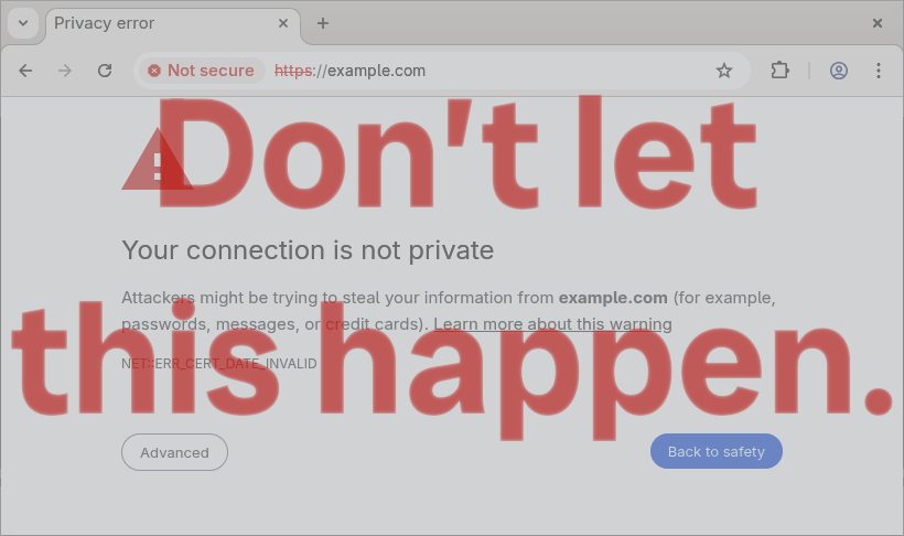 A browser window showing a security warning for a website, with a large gray X over the page.