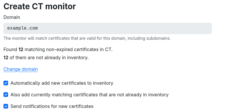 Screenshot of CertObserver’s form for creating a CT monitor.