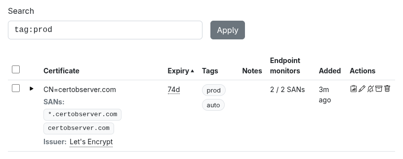 Screenshot of CertObserver’s inventory list showing e.g. days until expiration and tags.