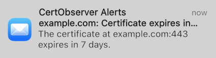 Screenshot of a mobile email notification stating that the certificate for example.com will expire in 7 days.